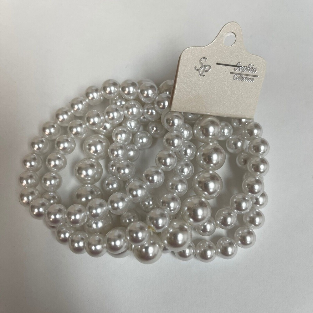 NWT Faux White Pearl Beaded‎ Fashion Stretch Bracelets Lot of 5